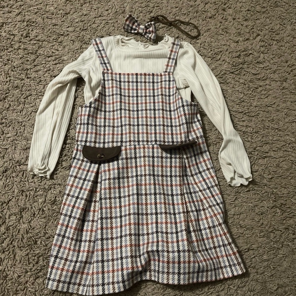 Tahari Multicolor Plaid Pinafore with White Top